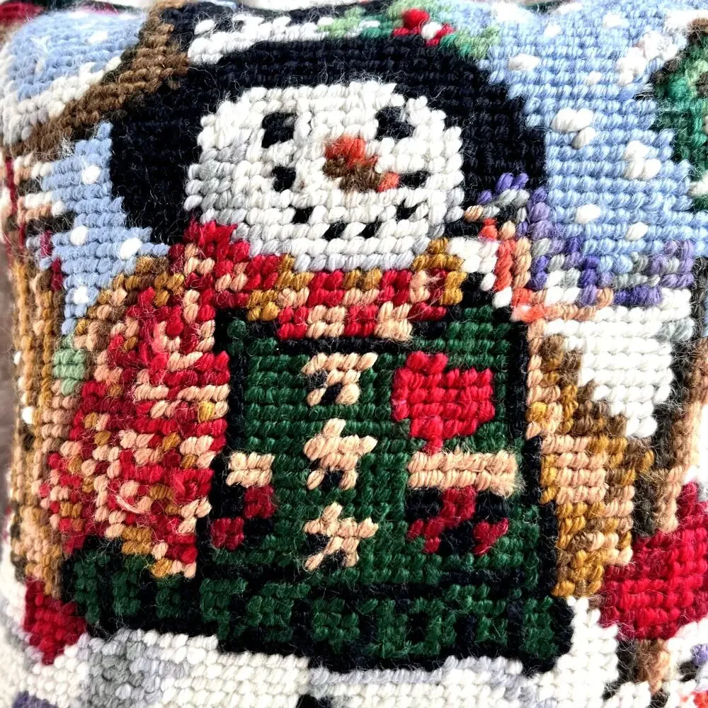 VTG Needlepoint Velvet Pillow Snowman Birds Holiday Christmas Winter Pillow 7